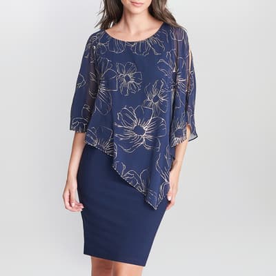 Navy Fiona Floral Glittered Asymmetric Dress