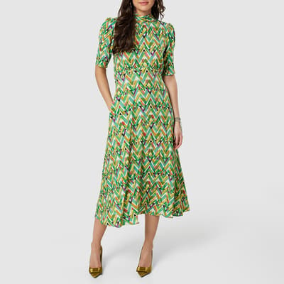 Green Printed Tie Back A-Line Dress