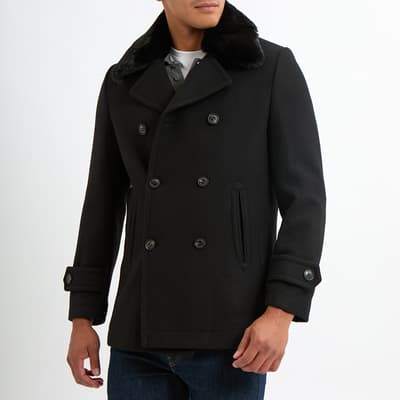 Black Faux Fur Collar Wool Blend Short Coat