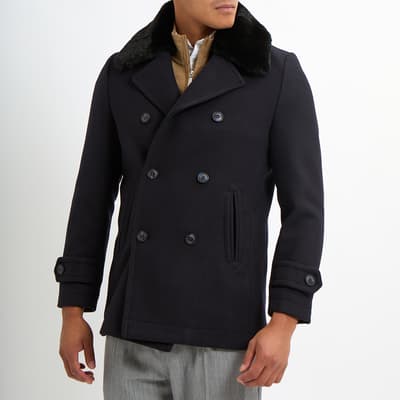 Navy Faux Fur Collar Wool Blend Short Coat