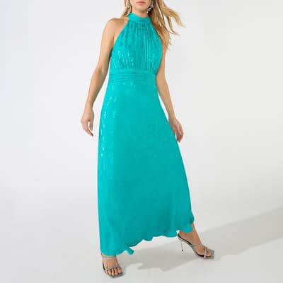 Turquoise High Neck Keyhole Midi Dress