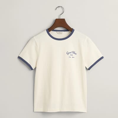 Teen's Ecru Script Logo Slim Cotton Blend T-Shirt