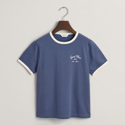 Teen's Blue Script Logo Slim Cotton Blend T-Shirt