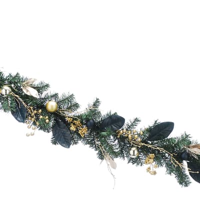 Green Garland With Blue Leaves & Gold Berries, 180cm