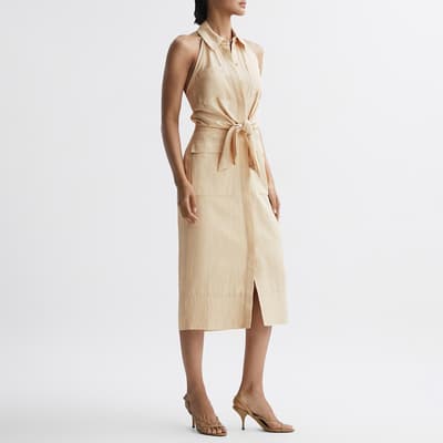 Sand Camilla Halter Neck Linen Blend Midi Dress