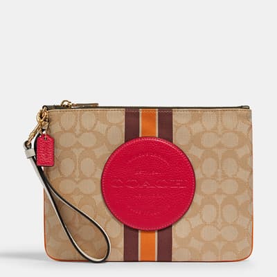 Khaki, Pink Dempsey Gallery Pouch In Signature Jacquard With Stripe And Coach Patch