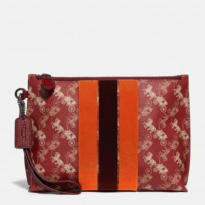 Red Deep Red Horse And Carriage Coated Canvas Varsity Stripe Charlie Pouch