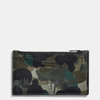 Green, Blue Zip Card Case In Camo Print Leather