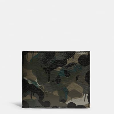 Green, Blue 3 In 1 Wallet In Camo Print Leather