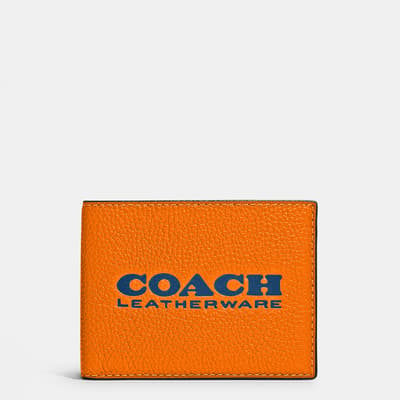Bright Mandarin, True Blue Slim Billfold In Pebble Leather With Coach Leatherware Branding