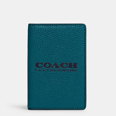 Deep Turquoise, Midnight Navy Card Wallet In Pebble Leather With Coach Leatherware Branding