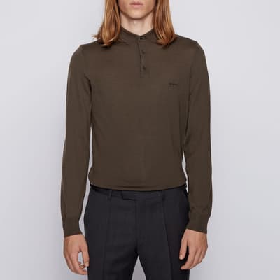 Khaki Bono Long Sleeve Wool Polo Shirt