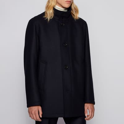 Navy Coxtan High Neck Cashmere Blend Coat