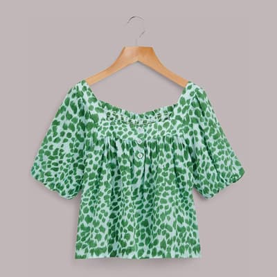 Green Leopard Print Cotton Trapeze Top