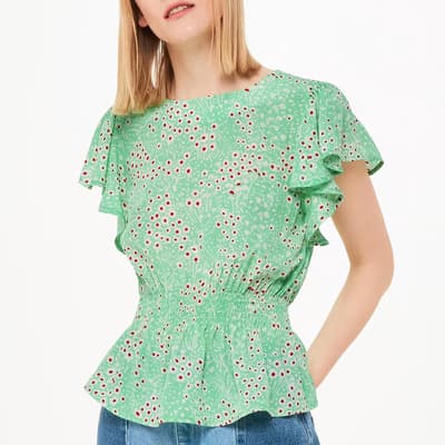 Green Daisy Meadow Frill Sleeve Top