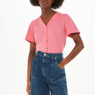 Pink Maeve V-Neck Button Front Cotton T-Shirt
