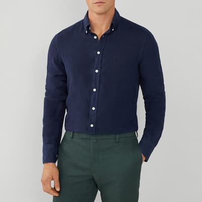 Navy Long Sleeve Slim Fit Linen Shirt
