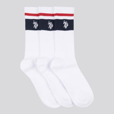 White 3 Pack Stripe Cotton Sports Socks