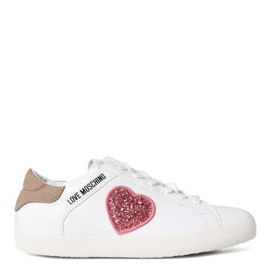 White/Red Embellished Heart Leather Low Top Trainers