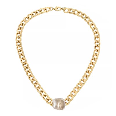 18K Gold Chain Link And Baroque Pearl Solitaire Necklace