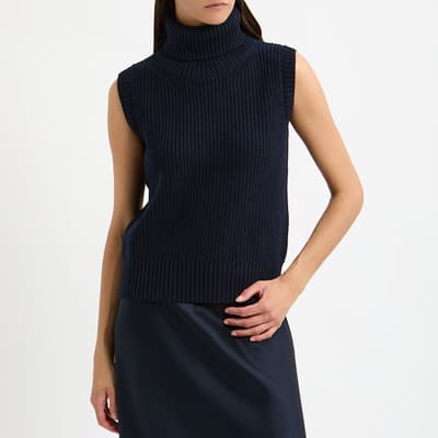 Navy Sleeveless Knit Roll Neck Jumper