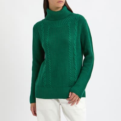 Green Cable Knit Roll Neck Jumper