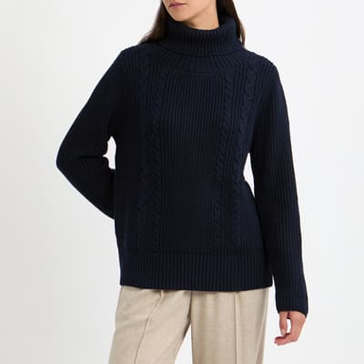 Navy Cable Knit Roll Neck Jumper