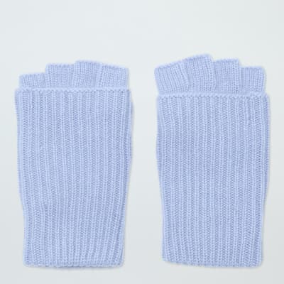 Blue Cashmere Ribbed Fingerless Gloves