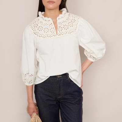 Ivory Alba Broderie Cotton Blouse 