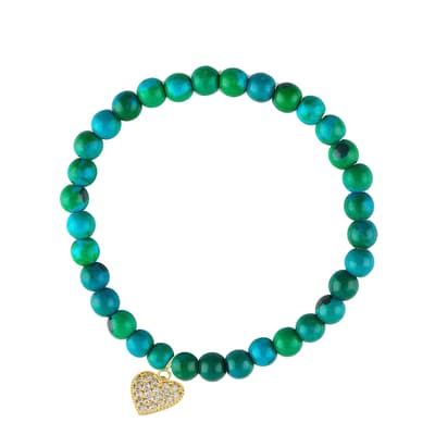 18K Gold Multi Blue Turquoise & Heart Charm Pave Bracelet 