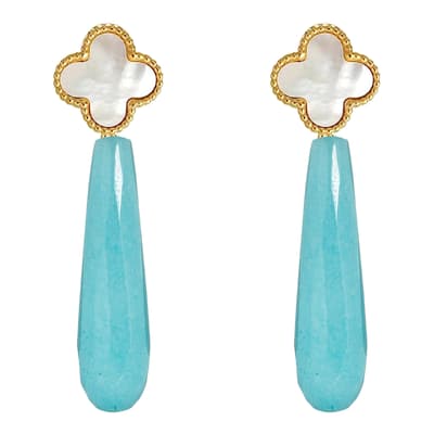 18K Gold Turquoise & Mother Of Pearl Tear Drop  Earrings