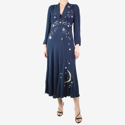 Rixo Blue Star Embroidered Midi Dress  Size M