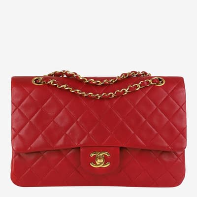 Chanel Red Vintage 1989-1991 Medium Lambskin Classic Double Flap Shoulder Bag