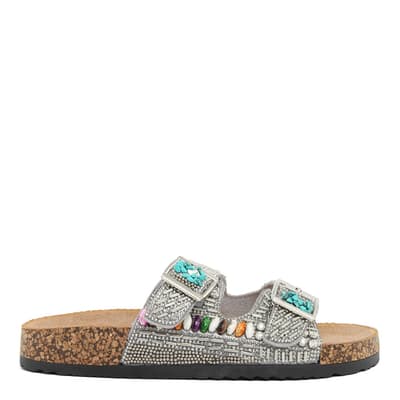 Silver Beaded Double Band Flat Sandals