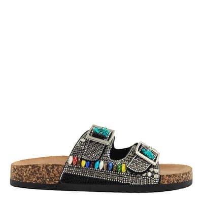 Black Beaded Double Band Flat Sandals