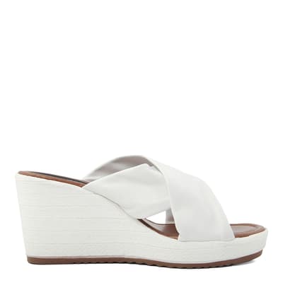 White Leather Crossover Strap Wedge Sandals