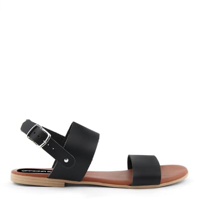 Black Leather Double Strap Flat Sandals