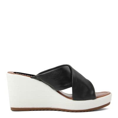 Black Leather Crossover Strap Wedge Sandals