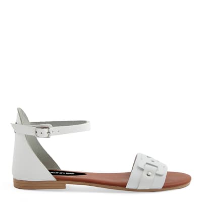 White Detailed Leather Band Flat Sandals 