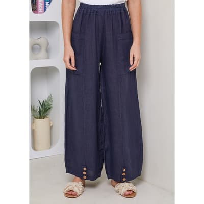 Navy Elasticated Linen Trousers