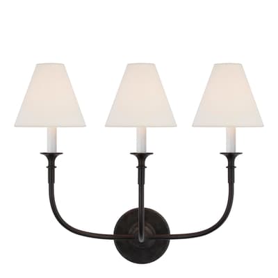 Piaf Triple Sconce in Aged Iron with Linen Shades