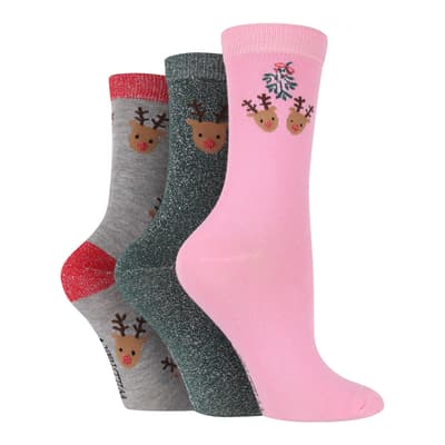 Multi Reindeer 3pk Bamboo Socks