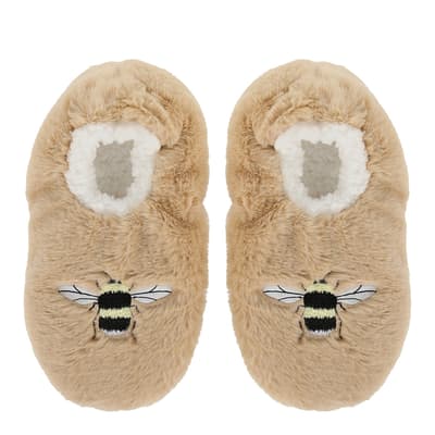 Tan Fluffy Bumble Bee Slipper Sock