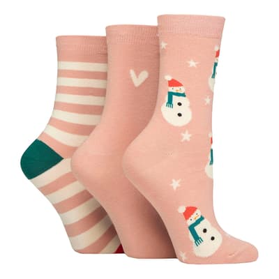 Pink Snowman 3pk Seasonal Socks