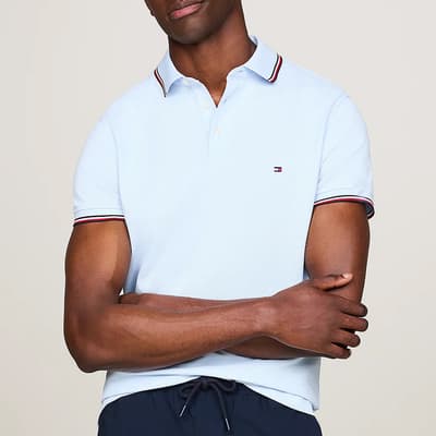 Pale Blue Tipped Slim Fit Cotton Blend Polo Shirt 