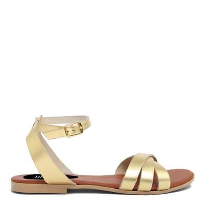 Gold Leather Crossover Strap Flat Sandal