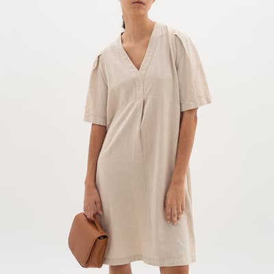 Beige Ellie V-Neck Linen Blend Mini Dress