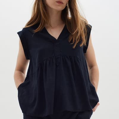 Navy Ellie V-Neck Linen Blend Top