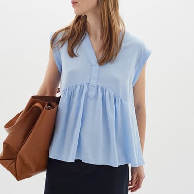 Blue Ellie V-Neck Linen Blend Top