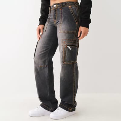 Washed Black Zipper Military Cargo Jeans